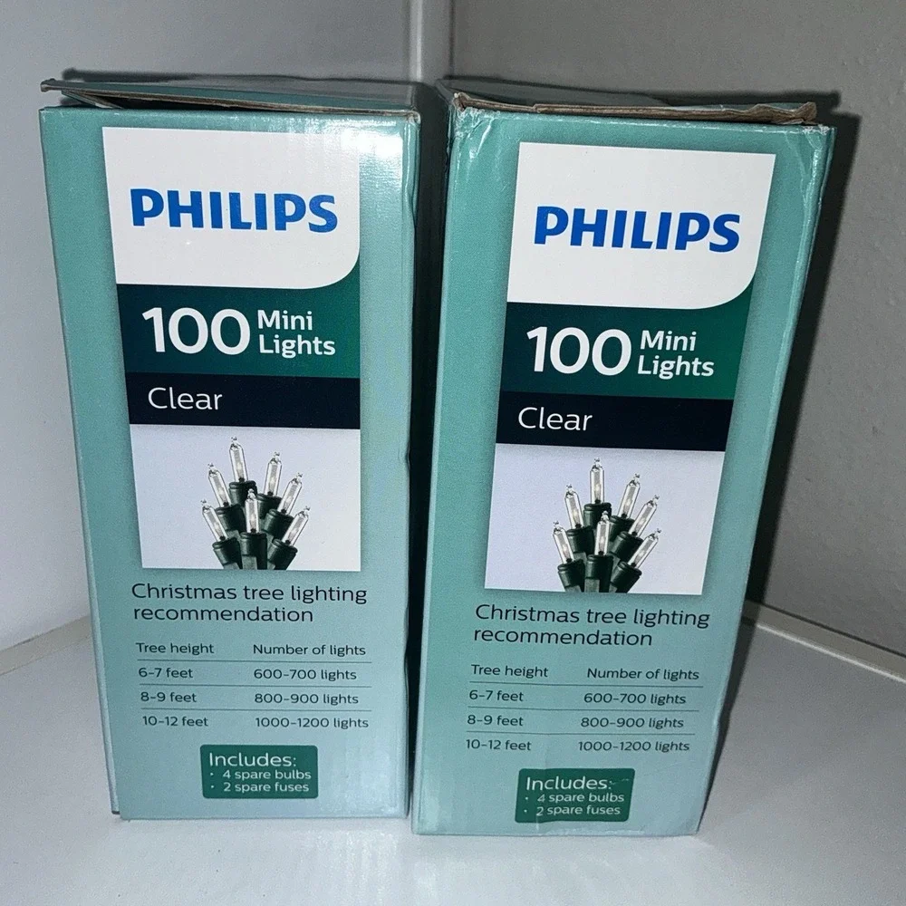 2x Philips 100 Clear Mini Lights with Green Wire Christmas Remains Lit NEW (200)